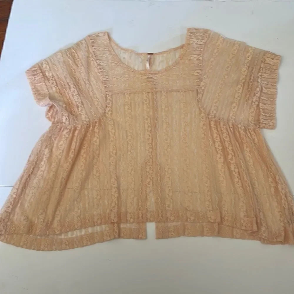 Free People Peach Tea Lace Sheer Oversized Split Back Top